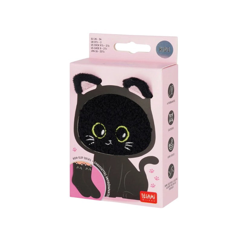 Calzini antiscivolo Legami Gatto Nero con occhi verdi e orecchie in rilievo: morbidi ed elastici, taglie 26-34 e 35-42. Su Viano Shop!