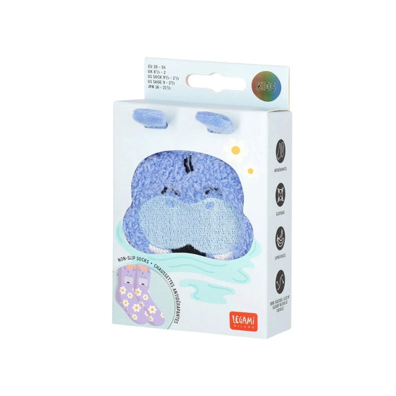 Calzini antiscivolo Legami Ippopotamo lilla con margherite e orecchie in rilievo: morbidi, taglie 26-34 e 35-42. Su Viano Shop!