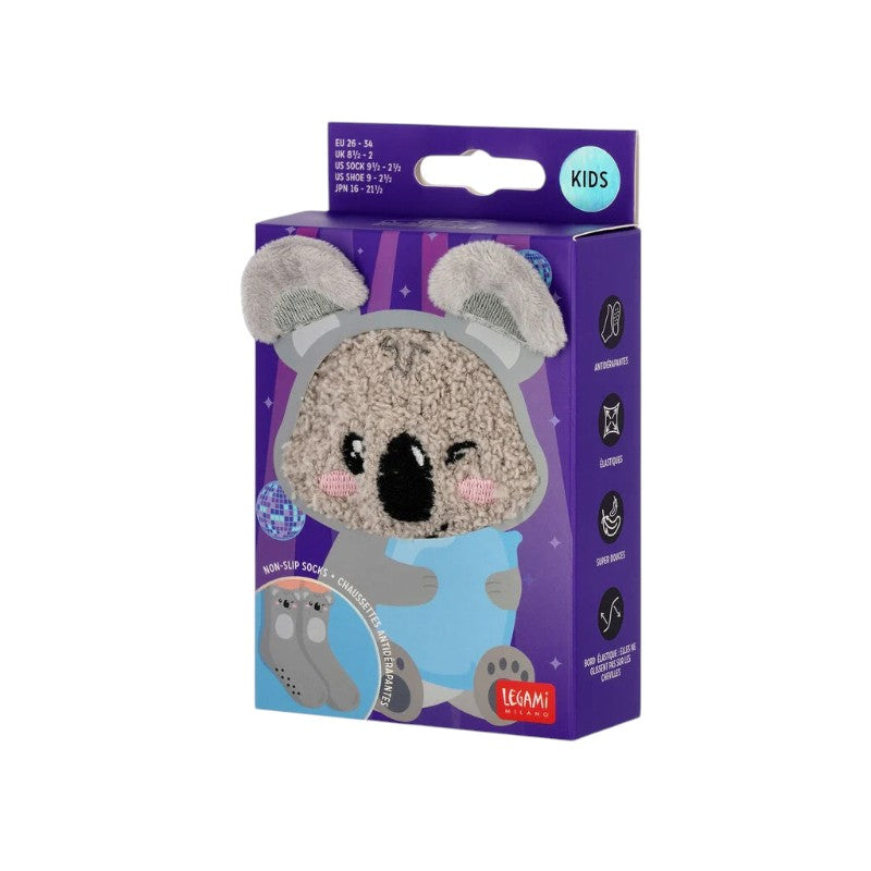 Calzini antiscivolo Legami Koala grigi con orecchie in rilievo e musetto ricamato: morbidi, taglie 26-34 e 35-42. Su Viano Shop!