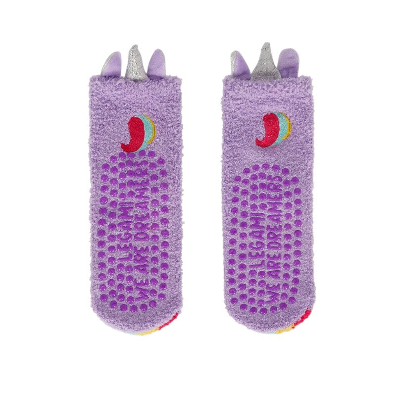 Calzini antiscivolo Legami Unicorno lilla con corno glitterato e arcobaleno: morbidi ed elastici, taglie 26-34 e 35-42. Su Viano Shop!