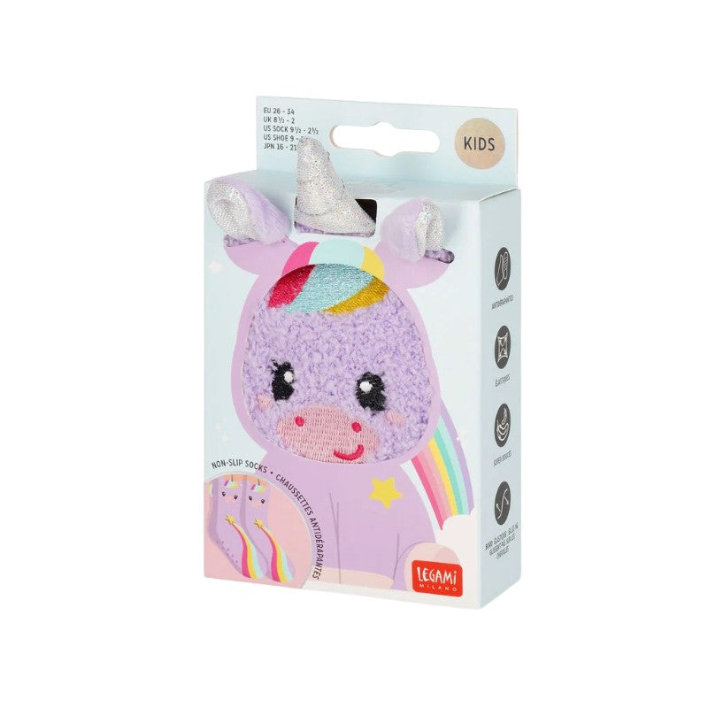 Calzini antiscivolo Legami Unicorno lilla con corno glitterato e arcobaleno: morbidi ed elastici, taglie 26-34 e 35-42. Su Viano Shop!
