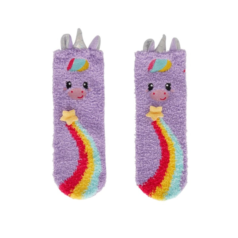 Calzini antiscivolo Legami Unicorno lilla con corno glitterato e arcobaleno: morbidi ed elastici, taglie 26-34 e 35-42. Su Viano Shop!