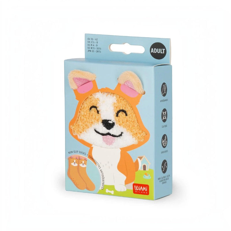 Calze antiscivolo Legami Corgi in tessuto elasticizzato con suola antiscivolo, design kawaii. Comfort e sicurezza per casa! Scoprile ora 