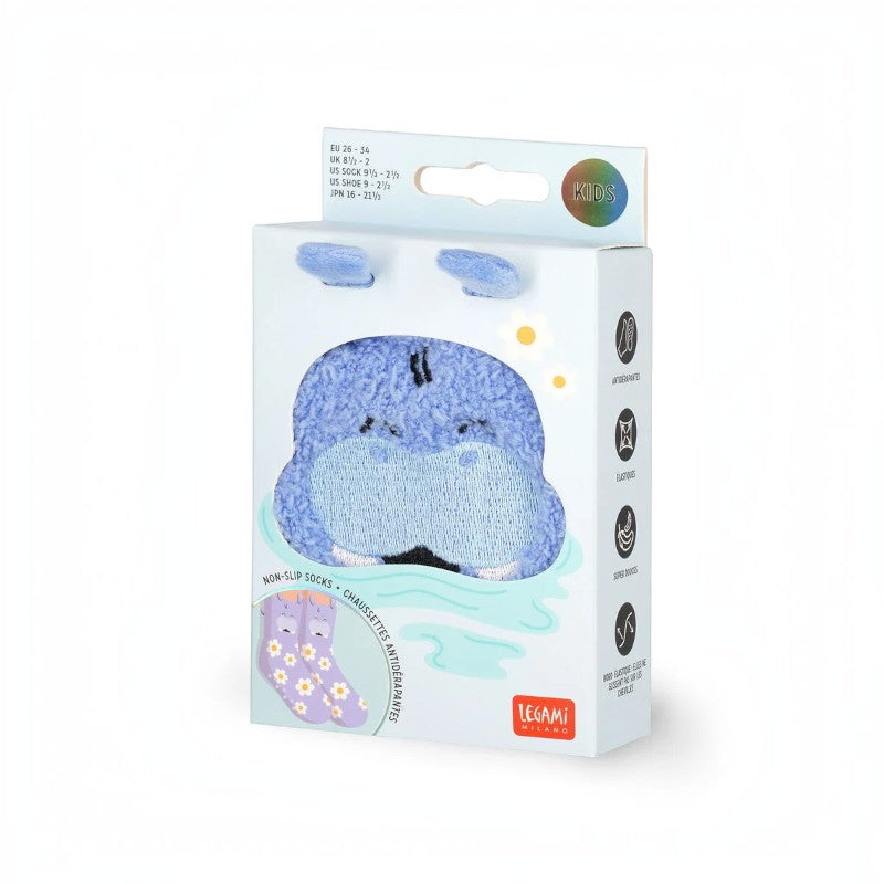 Calze antiscivolo Legami Ippopotamo in tessuto elasticizzato con suola antiscivolo, design kawaii a fiori. Comfort per bambini! Scoprile