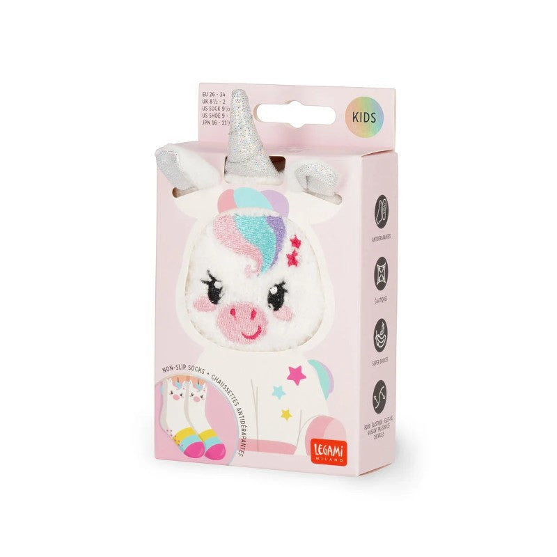 Calze antiscivolo Legami Unicorno in tessuto elasticizzato con suola antiscivolo, design kawaii glitterato. Comfort per bambini! Scoprile