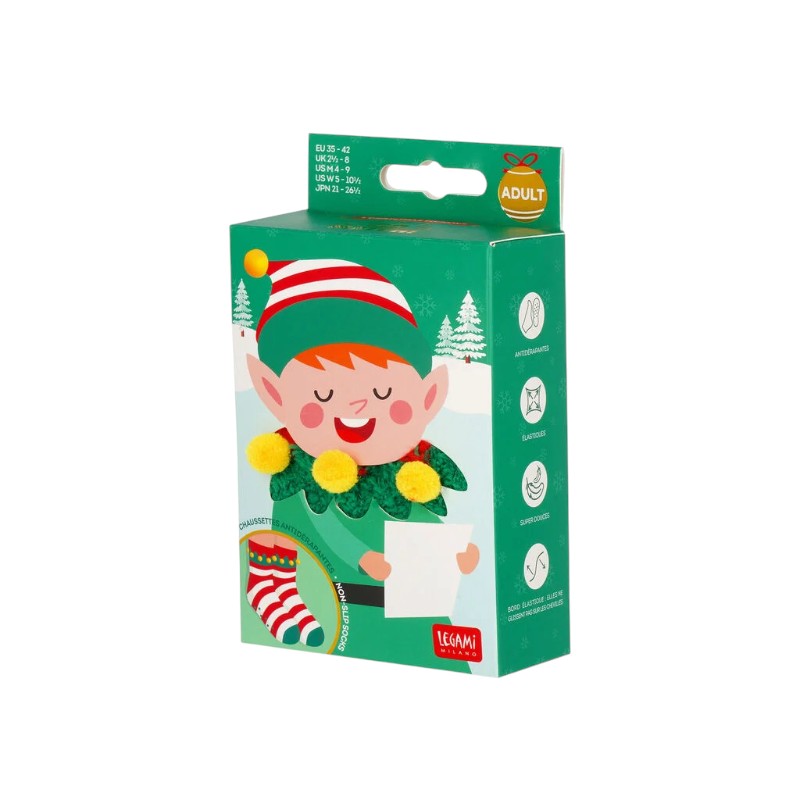 Calzini antiscivolo di Natale Legami Elfo a righe con pon pon: morbidi ed elastici, taglie 28-34 e 35-42. Scoprili su Viano Shop!