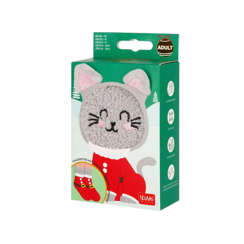 Calzini antiscivolo di Natale Legami Gatto vestito da Babbo Natale: morbidi ed elastici con orecchiette, taglia 35-42. Su Viano Shop!