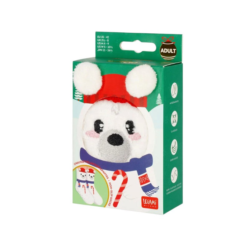 Calzini antiscivolo di Natale Legami Orso Polare con pon pon e musetto ricamato: morbidi ed elastici, taglia 35-42. Su Viano Shop!