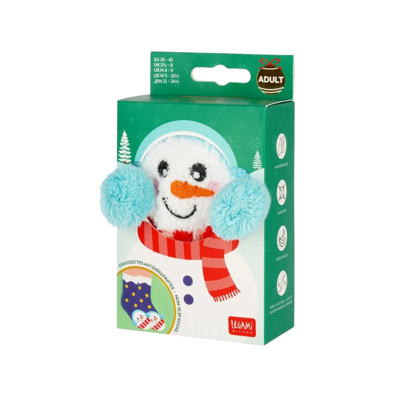 Calzini antiscivolo di Natale Legami Pupazzo di Neve con paraorecchie a pon pon: morbidi ed elastici, taglia 35-42. Su Viano Shop!
