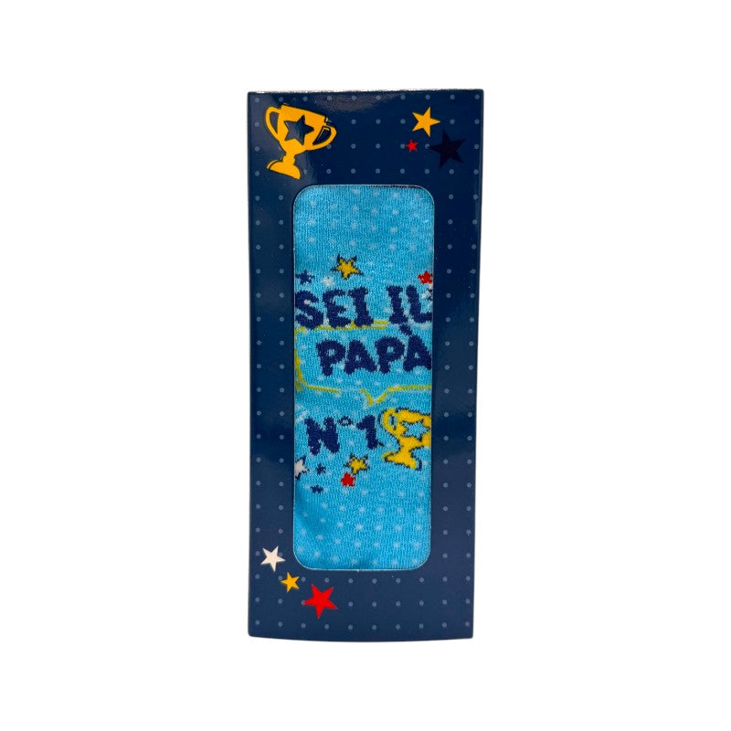 Bellissime calze regalo per la festa del papà, azzurre con la scritta "Sei il papà n1"