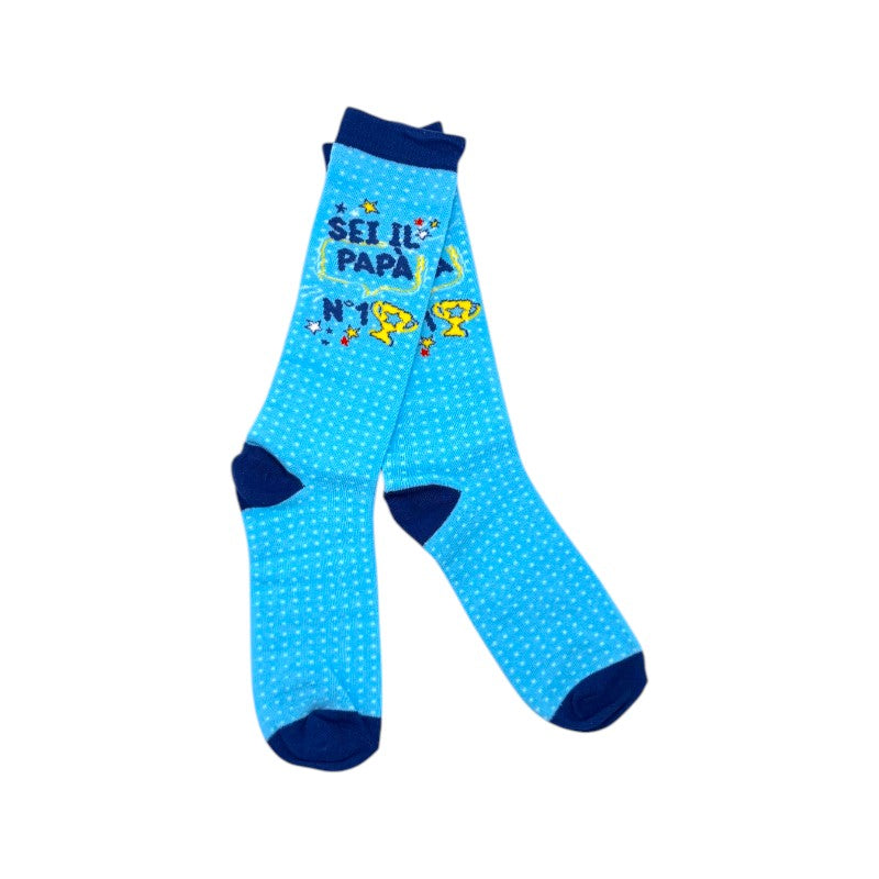 Bellissime calze regalo per la festa del papà, azzurre con la scritta "Sei il papà n1"