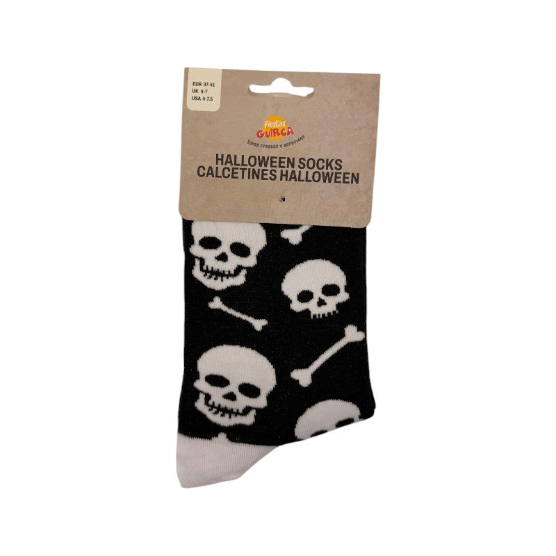 Calzini di Halloween con teschi e ossa: calze nere con stampa all-over e dettagli grigi, comode e originali per l’autunno. Su Viano Shop!
