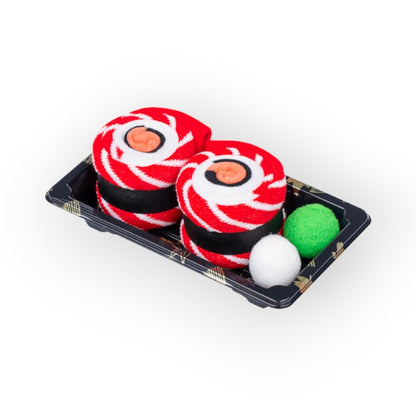 Fantastiche calze regalo sushi Uramaki rosso unisex. 1 paio di calze colore rosso e bianco racchiuse in una confezione originale divertente. Misura 35-40. Ottima idea regalo