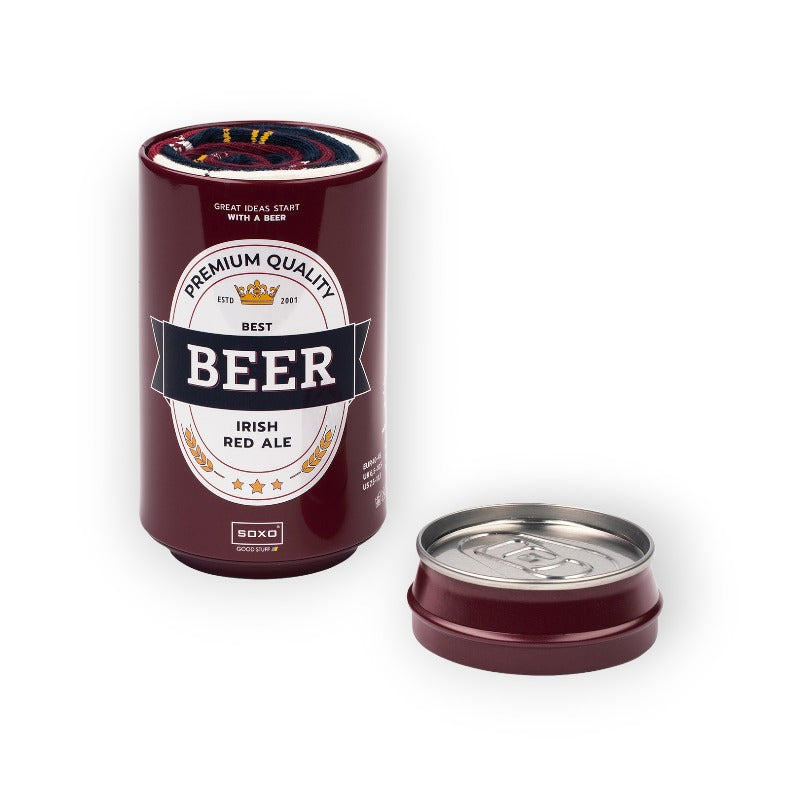 Fantastiche calze da uomo colorate e divertenti. Un paio di calzini da ragazzo a tema Birra rossa Irish Red Ale misura 40-45 racchiuse in una lattina di birra originale e divertente. Ottima idea regalo Gadget divertente