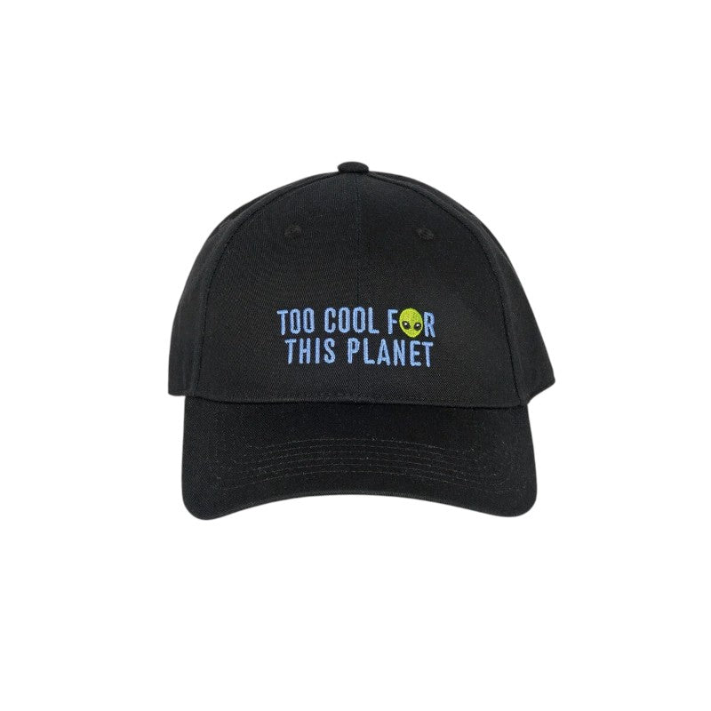 Cappellino Legami Too Cool for This Planet: cotone nero, scritta azzurra e alieno verde ricamati, chiusura regolabile taglia unica. Ironico e originale. Scoprilo!
