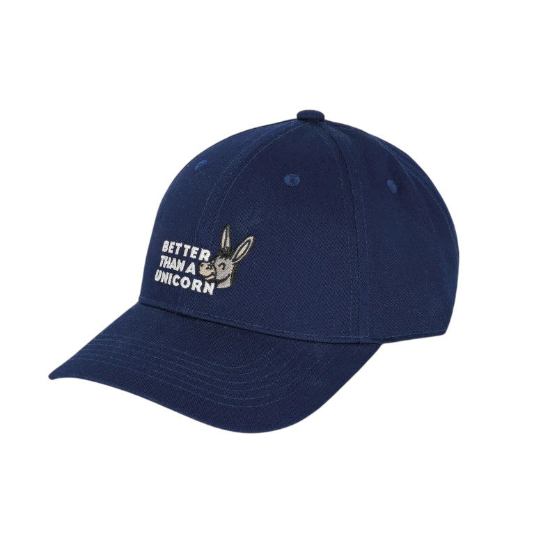 Cappellino Legami Better Than a Unicorn: cotone blu navy, ricamo asinello kawaii e scritta bianca, taglia unica regolabile. Ironico e originale. Scoprilo!
