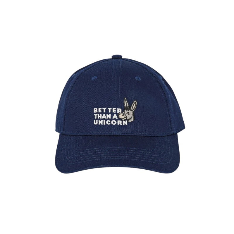 Cappellino Legami Better Than a Unicorn: cotone blu navy, ricamo asinello kawaii e scritta bianca, taglia unica regolabile. Ironico e originale. Scoprilo!
