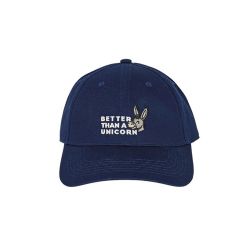 Cappellino Legami Better Than a Unicorn: cotone blu navy, ricamo asinello kawaii e scritta bianca, taglia unica regolabile. Ironico e originale. Scoprilo!
