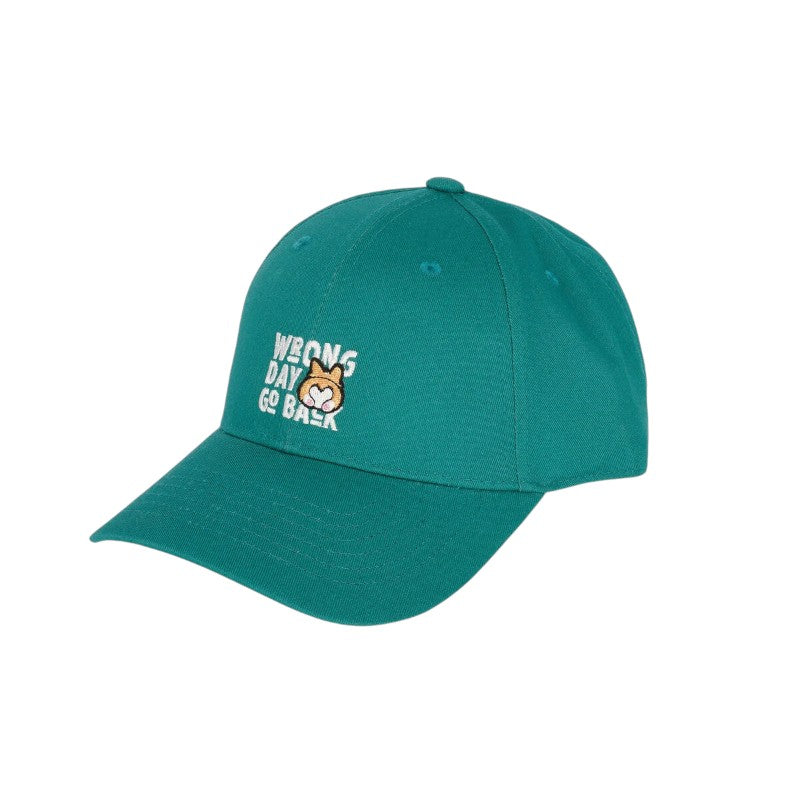 Cappellino Legami Wrong Day Go Back: cotone verde smeraldo, ricamo Corgi kawaii e scritta bianca, taglia unica regolabile. Ironico e originale. Scoprilo!
