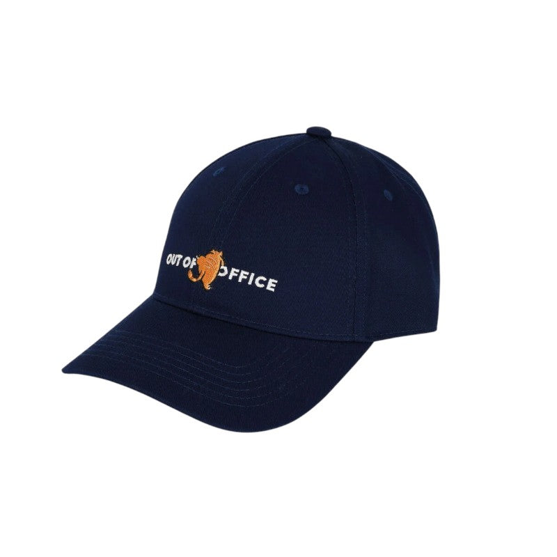 Cappellino visiera Legami "Out of Office" — blu notte, gatto ricamato, taglia unica regolabile. Il berretto ironico perfetto per chi ama le vacanze.