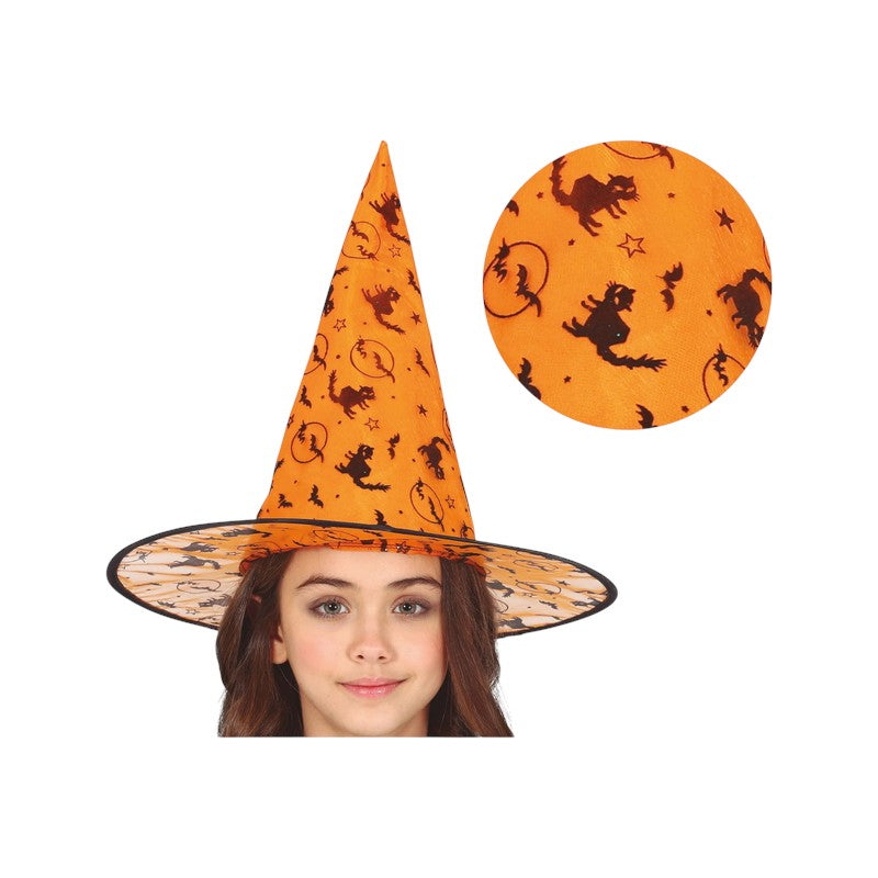 Cappello da strega di Halloween con stampe metallizzate di gatti, zucche e stelle: accessorio per travestimenti da streghetta. Su Viano Shop!