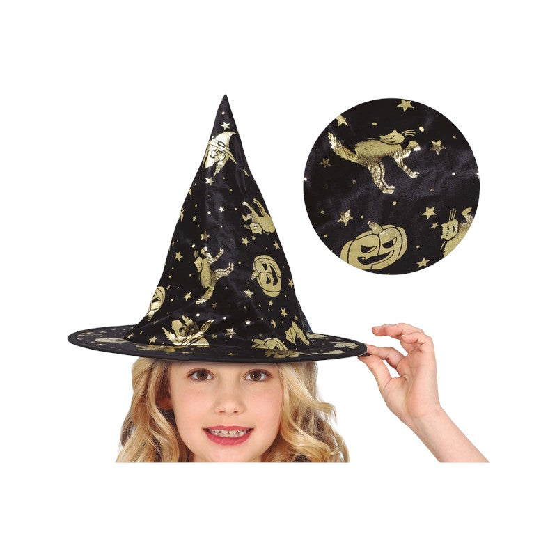Cappello da strega di Halloween con stampe metallizzate di gatti, zucche e stelle: accessorio per travestimenti da streghetta. Su Viano Shop!