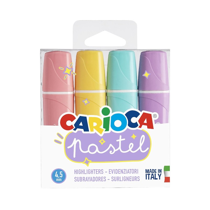 Set 4 mini evidenziatori pastello Carioca 4,5mm: rosa, giallo, azzurro e lilla. Made in Italy, formato compatto. Perfetti per studio e bullet journal!