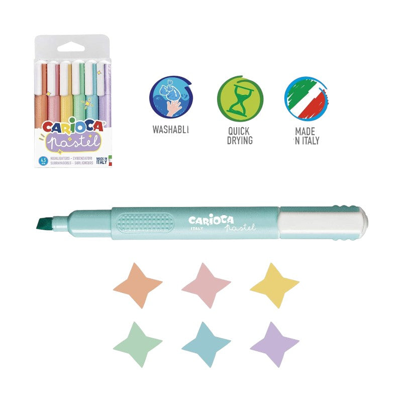 Set 6 evidenziatori pastello Carioca 4,5mm: arancione, rosa, giallo, verde, azzurro e lilla. Made in Italy, inchiostro acqua. Perfetti per studio e journal!