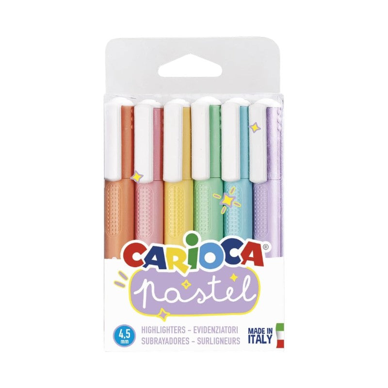Set 6 evidenziatori pastello Carioca 4,5mm: arancione, rosa, giallo, verde, azzurro e lilla. Made in Italy, inchiostro acqua. Perfetti per studio e journal!