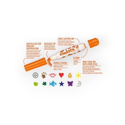 Fantastici Stamperelli 2 in 1 Carioca. Da una parte un pennarello a punta conica bloccata a doppio tratto e dall'altra uno stampino. Confezione composta da 12 pezzi. Made in Italy