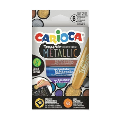 Temperelli carioca Metallic. Tempera solida in stick con colori tonalità metallici. Scatola da 6 pezzi. Colori brillanti e lavabili ottimi per ogni superficie