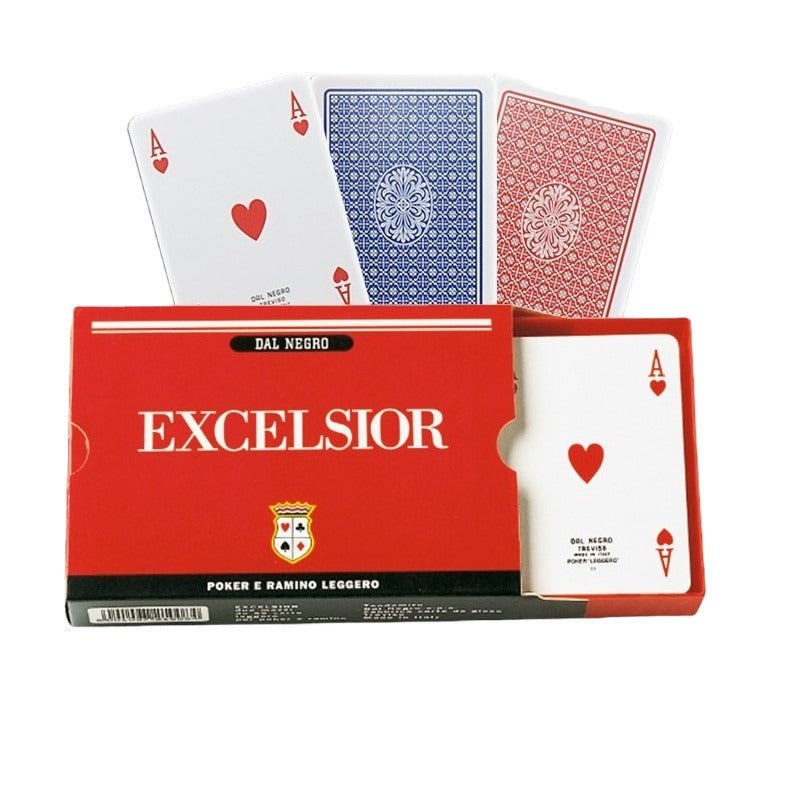 Carte da gioco Dal Negro. Due mazzi di carte composti da 55 carte l'uno con sfondo Excelsior in due diversi colori: Blu e Rosso. Carte di altissima qualità ottime per giochi come poker, ramino, scala 40, bridge, ecc...