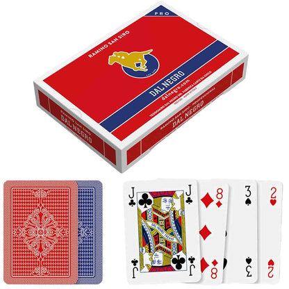 Carte da gioco Plastificate "Ramino San Siro" Dal Negro. Due mazzi di carte composti da 55 carte l'uno con retro in due diversi colori: Blu e Rosso. Carte plastificate di altissima qualità ottime per giochi come poker, ramino, scala 40, bridge, ecc...