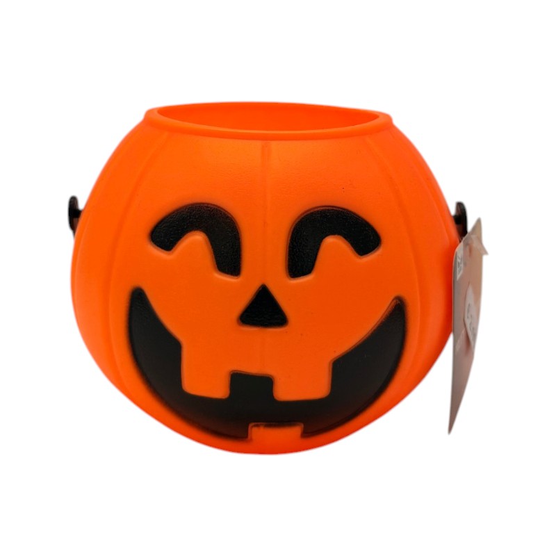 Secchiello zucca portadolcetti di Halloween con manico, disponibile in tre grandezze: classico cestino per dolcetto o scherzetto. Su Viano Shop!