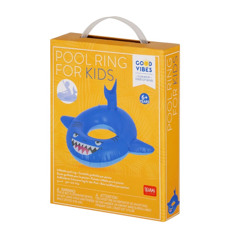Ciambella gonfiabile bambini Legami Shark 98x55cm: squalo 3D con pinna, doppia camera d'aria, max 40kg, toppa inclusa. Il galleggiante più adrenalinico dell'estate!
