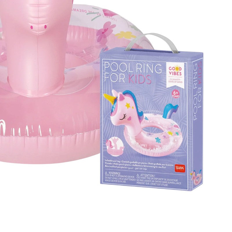 Ciambella gonfiabile bambini Legami Unicorno: testa 3D con corno dorato, doppia camera d'aria, max 40kg, toppa inclusa. Il galleggiante più magico dell'estate!
