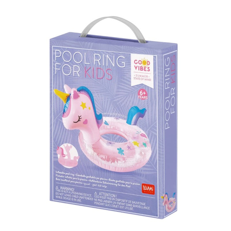 Ciambella gonfiabile bambini Legami Unicorno: testa 3D con corno dorato, doppia camera d'aria, max 40kg, toppa inclusa. Il galleggiante più magico dell'estate!
