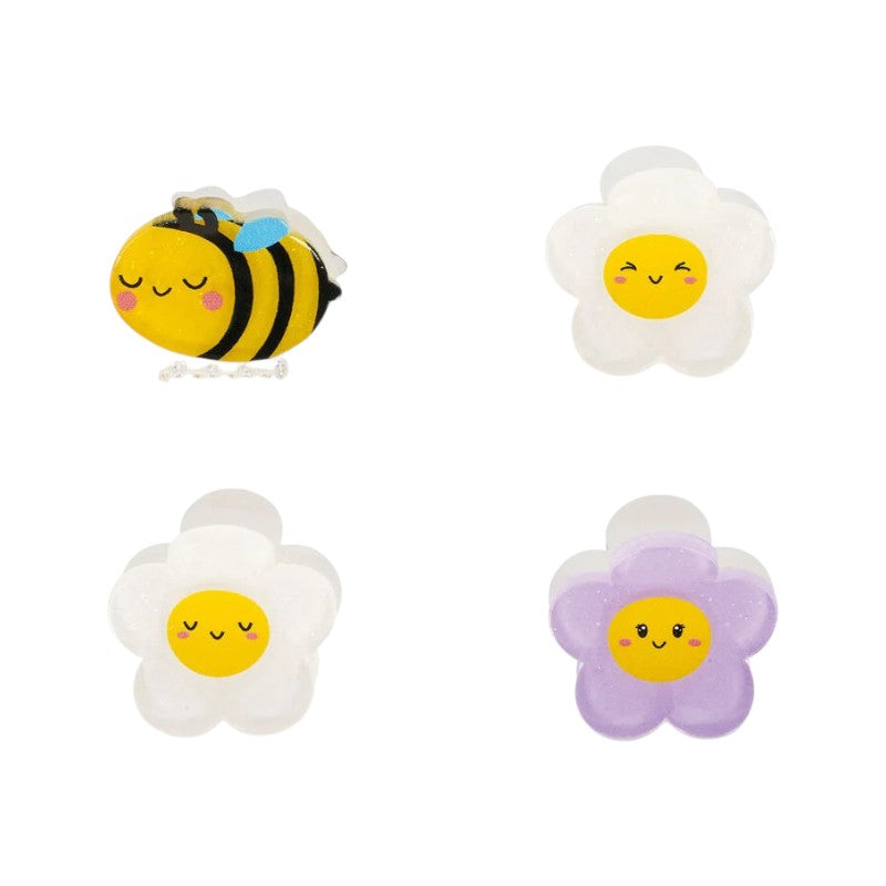 Set 4 mollette per capelli Legami Ape con ape e fiori kawaii sorridenti: mini clip colorate per acconciature allegre. Scoprile su Viano Shop!