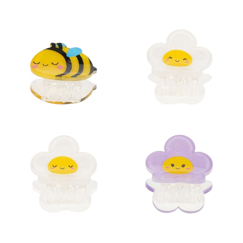 Set 4 mollette per capelli Legami Ape con ape e fiori kawaii sorridenti: mini clip colorate per acconciature allegre. Scoprile su Viano Shop!