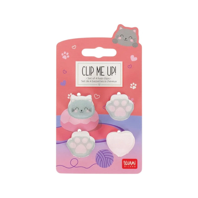 Set 4 mollette per capelli Legami Gatto con gattino, zampette e cuore glitterati: mini clip kawaii per acconciature tenere. Scoprile su Viano Shop!