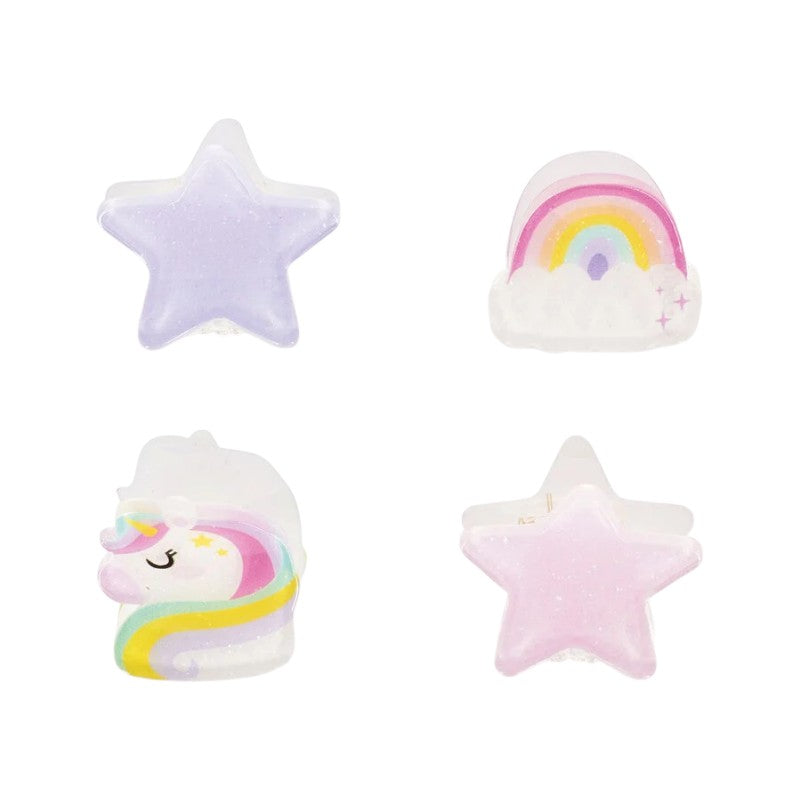 Set 4 mollette per capelli Legami Unicorno con unicorno, arcobaleno e stelline pastello: mini clip kawaii per acconciature magiche. Su Viano Shop!