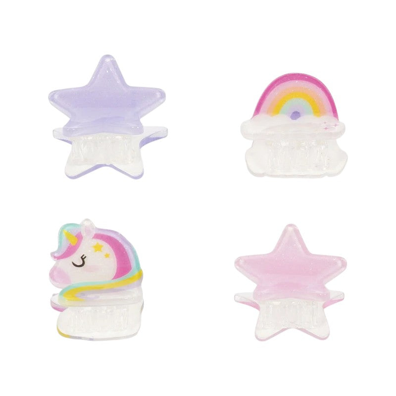 Set 4 mollette per capelli Legami Unicorno con unicorno, arcobaleno e stelline pastello: mini clip kawaii per acconciature magiche. Su Viano Shop!