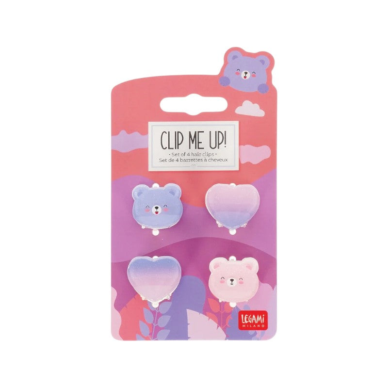 Set 4 clip capelli Legami Clip Me Up Orsetto: 2 clip orsetto + 2 cuori glitterati sfumati, chiusura a scatto. Idea regalo kawaii! Scoprile