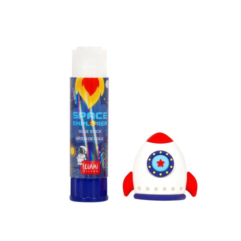 Colla stick Legami Space Explorer — cappuccio razzo 3D, fusto blu notte con astronauta. Regalo originale per bambini, coordinato collezione spazio.