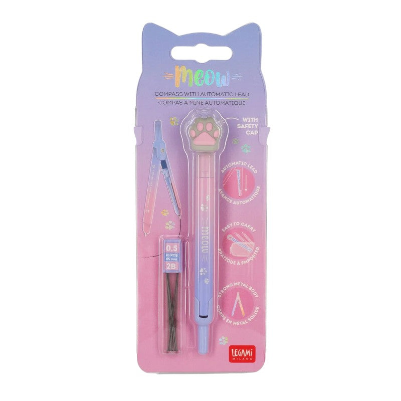 Compasso mina automatica Legami Meow — zampa gatto kawaii, metallo, 0,5 mm 2B, 10 mine incluse, safety cap. Regalo originale per la scuola.