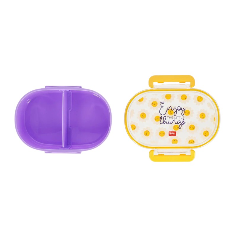 Porta merenda Legami Daisy — lunch box lilla kawaii, margherite sorridenti, clip gialle, divisorio removibile, lavastoviglie. Regalo perfetto per bambine.