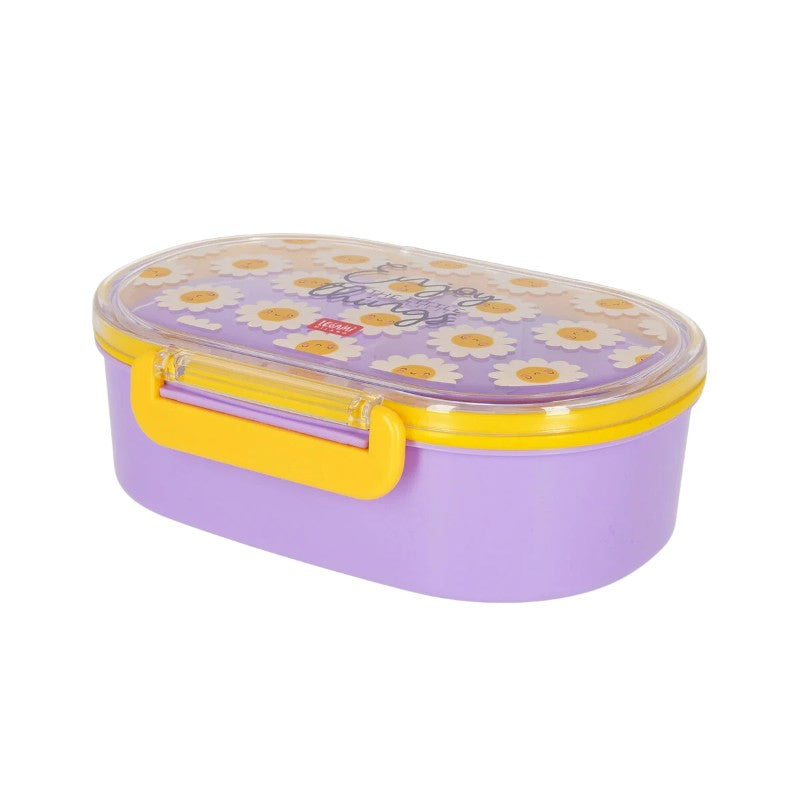 Porta merenda Legami Daisy — lunch box lilla kawaii, margherite sorridenti, clip gialle, divisorio removibile, lavastoviglie. Regalo perfetto per bambine.