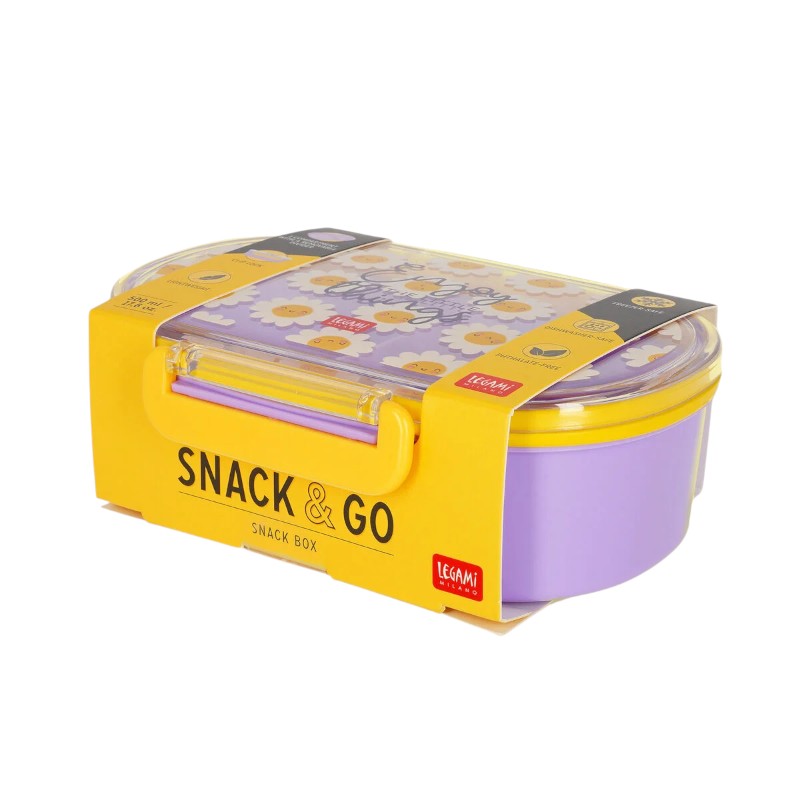 Porta merenda Legami Daisy — lunch box lilla kawaii, margherite sorridenti, clip gialle, divisorio removibile, lavastoviglie. Regalo perfetto per bambine.