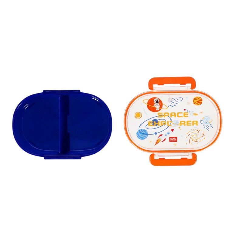 Porta merenda Legami Space Explorer — lunch box blu e arancio, tema spazio, divisorio removibile, clip, lavastoviglie. Regalo perfetto per bambini.