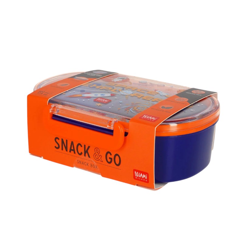 Porta merenda Legami Space Explorer — lunch box blu e arancio, tema spazio, divisorio removibile, clip, lavastoviglie. Regalo perfetto per bambini.